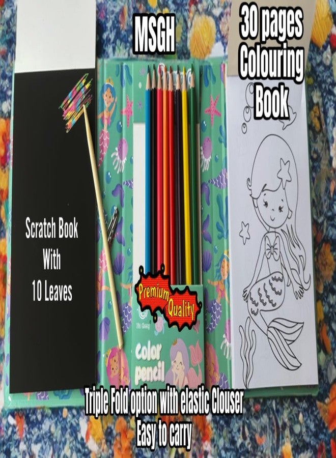 MSGH Coloring Book with 30 Sheet, 8 Pencil Color,10 Scratch Sheet Art and Craft Drawing Color Book Set for 3+ Years Kids, Party Favor Return Gift for Kids (Drawing Sketch Set(Mermaid) - Image 2
